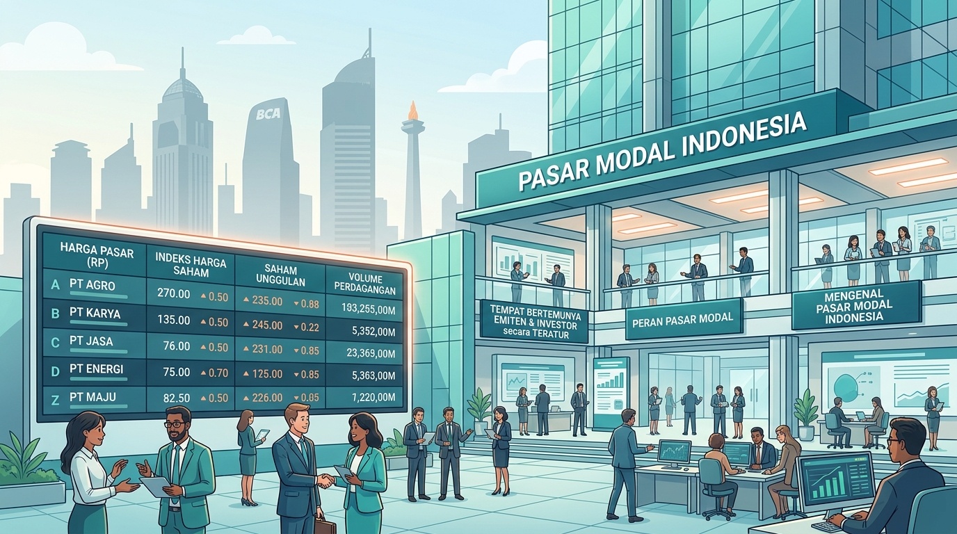 Gambaran papan harga dan gedung bursa sebagai ilustrasi pasar modal Indonesia